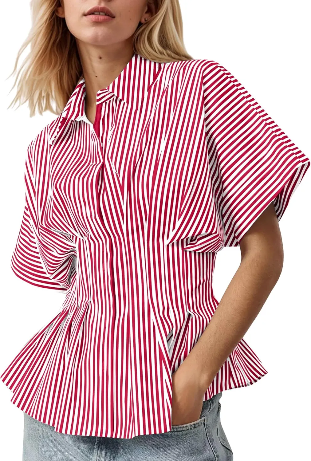 Women Striped Button Pleated Shirt Short Sleeve Summer Casual Peplum Blouse