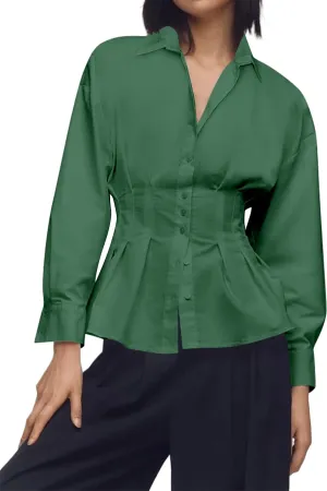 Women Striped Button Pleated Shirt Short Sleeve Summer Casual Peplum Blouse