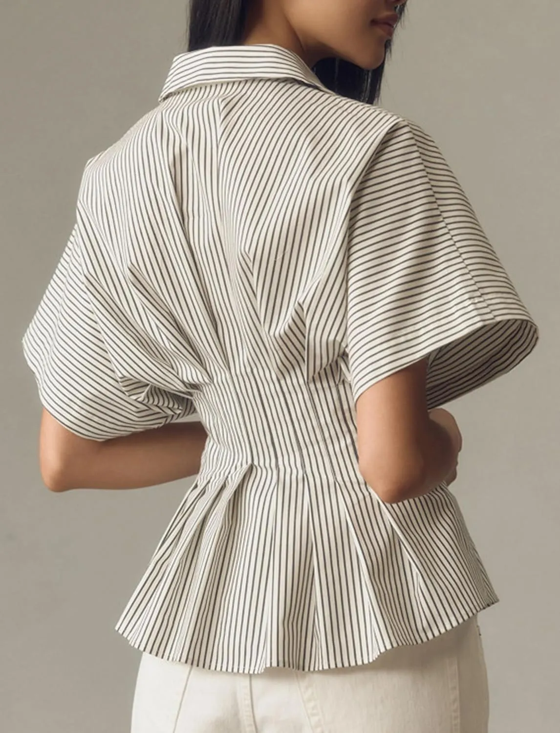 Women Striped Button Pleated Shirt Short Sleeve Summer Casual Peplum Blouse