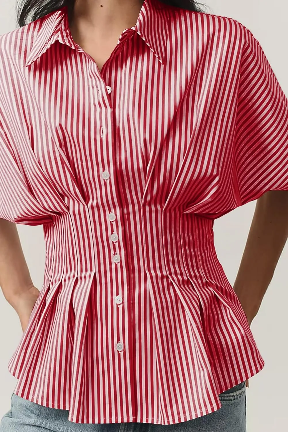 Women Striped Button Pleated Shirt Short Sleeve Summer Casual Peplum Blouse