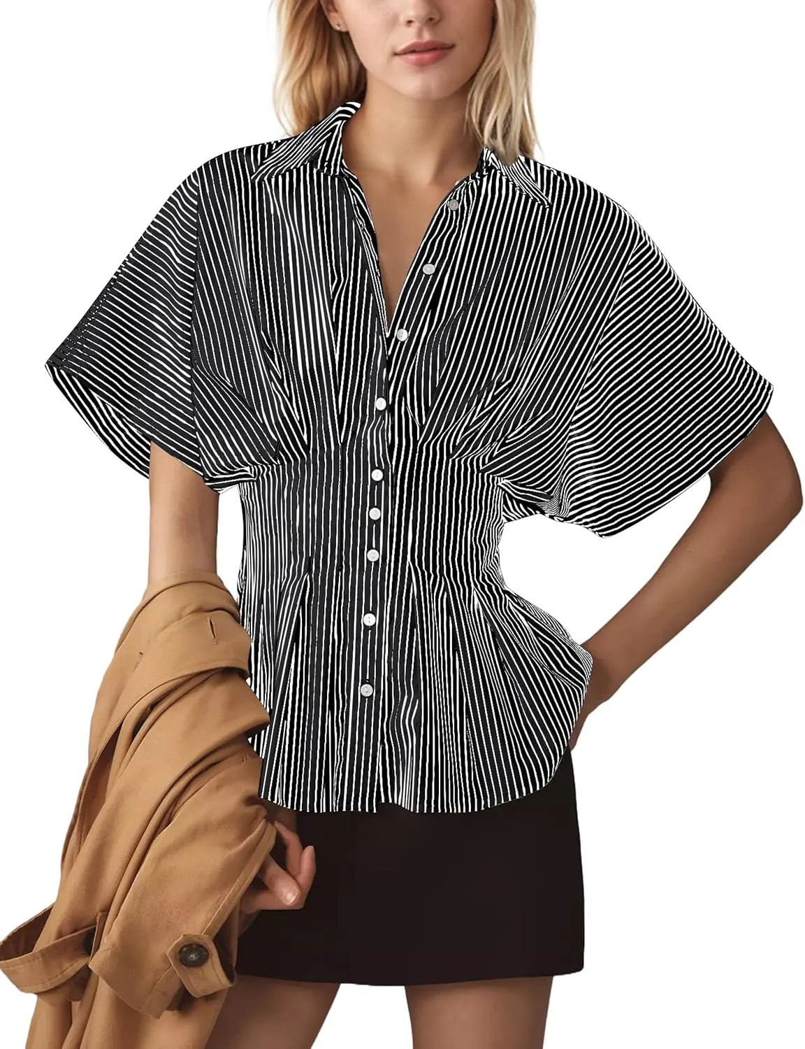 Women Striped Button Pleated Shirt Short Sleeve Summer Casual Peplum Blouse