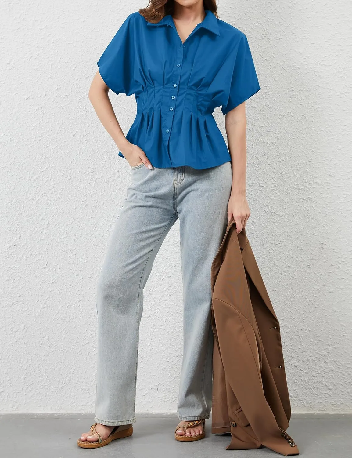 Women Striped Button Pleated Shirt Short Sleeve Summer Casual Peplum Blouse