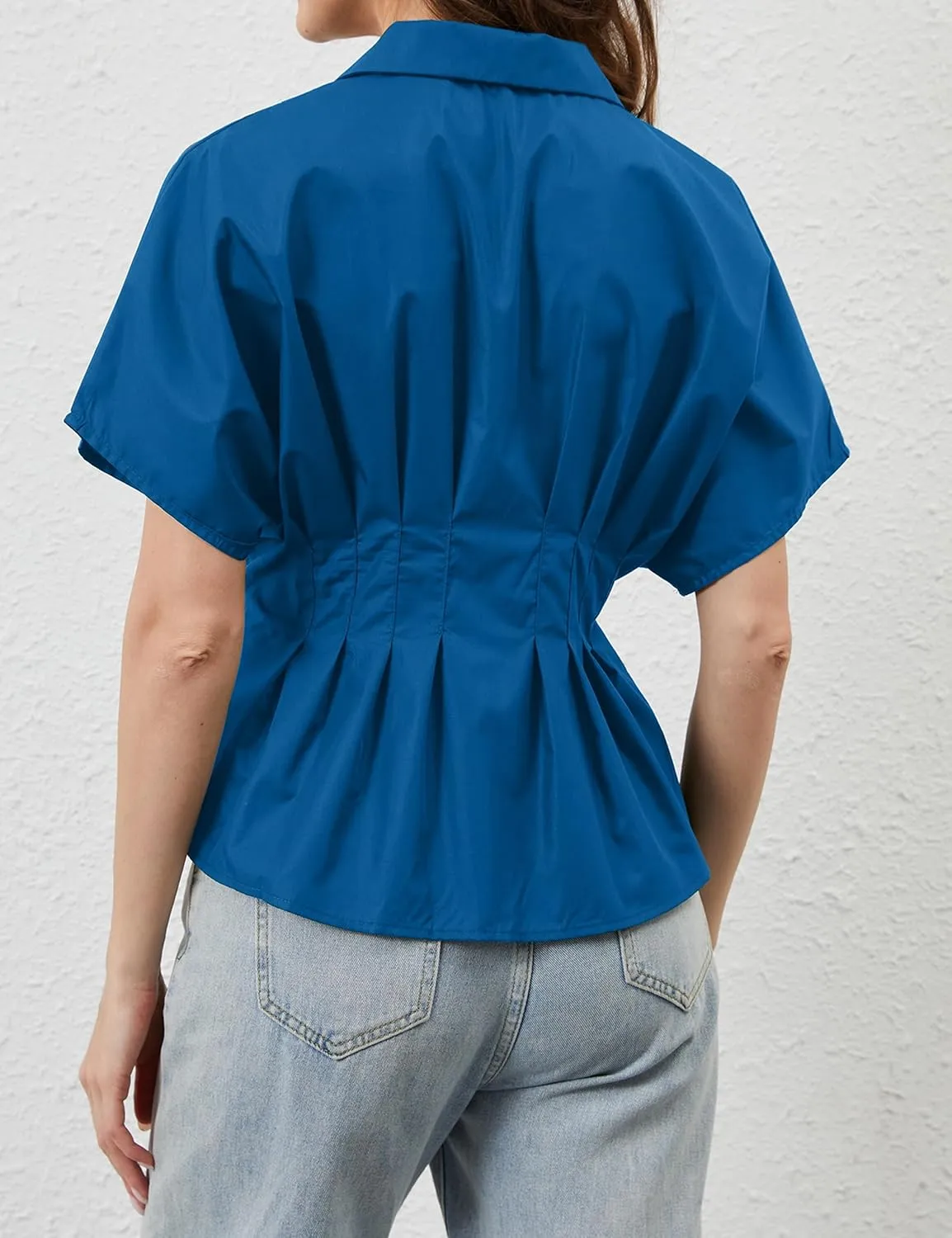 Women Striped Button Pleated Shirt Short Sleeve Summer Casual Peplum Blouse