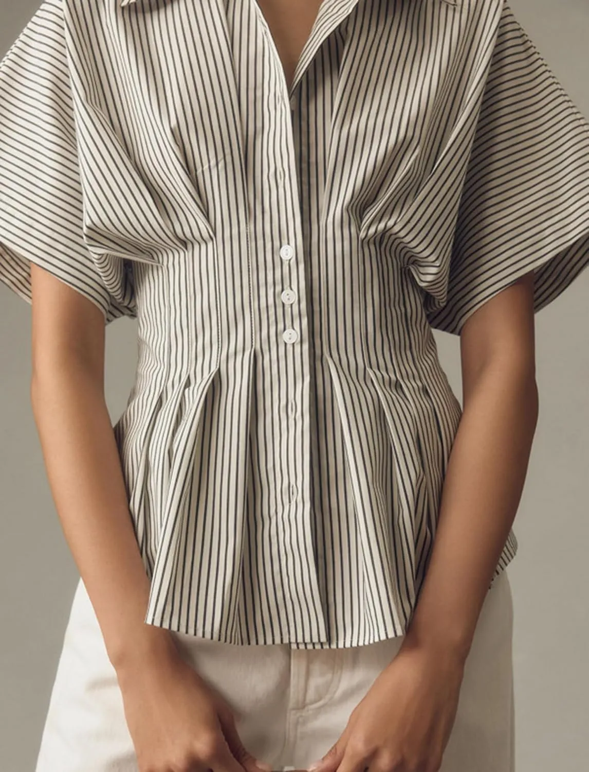 Women Striped Button Pleated Shirt Short Sleeve Summer Casual Peplum Blouse