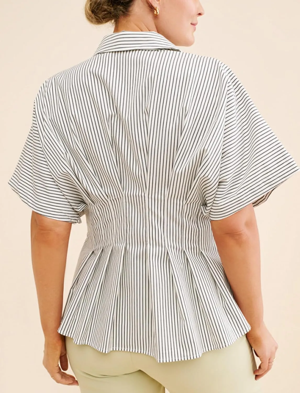 Women Striped Button Pleated Shirt Short Sleeve Summer Casual Peplum Blouse