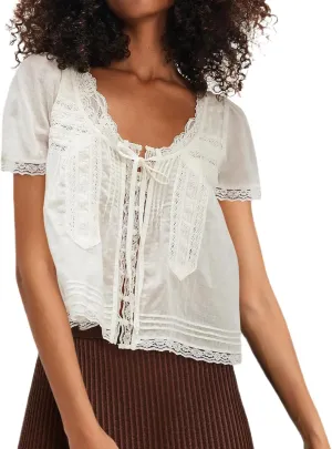 Women Tie Front Lace Trim Top Sheer Short Sleeve Scoop Neck Button Shirt Y2k Ruffle Flowy Boho Crop Tops