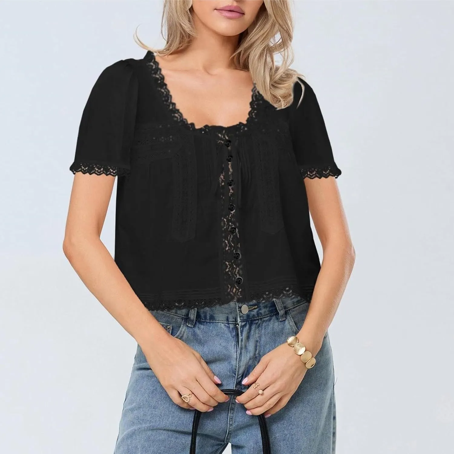 Women Tie Front Lace Trim Top Sheer Short Sleeve Scoop Neck Button Shirt Y2k Ruffle Flowy Boho Crop Tops