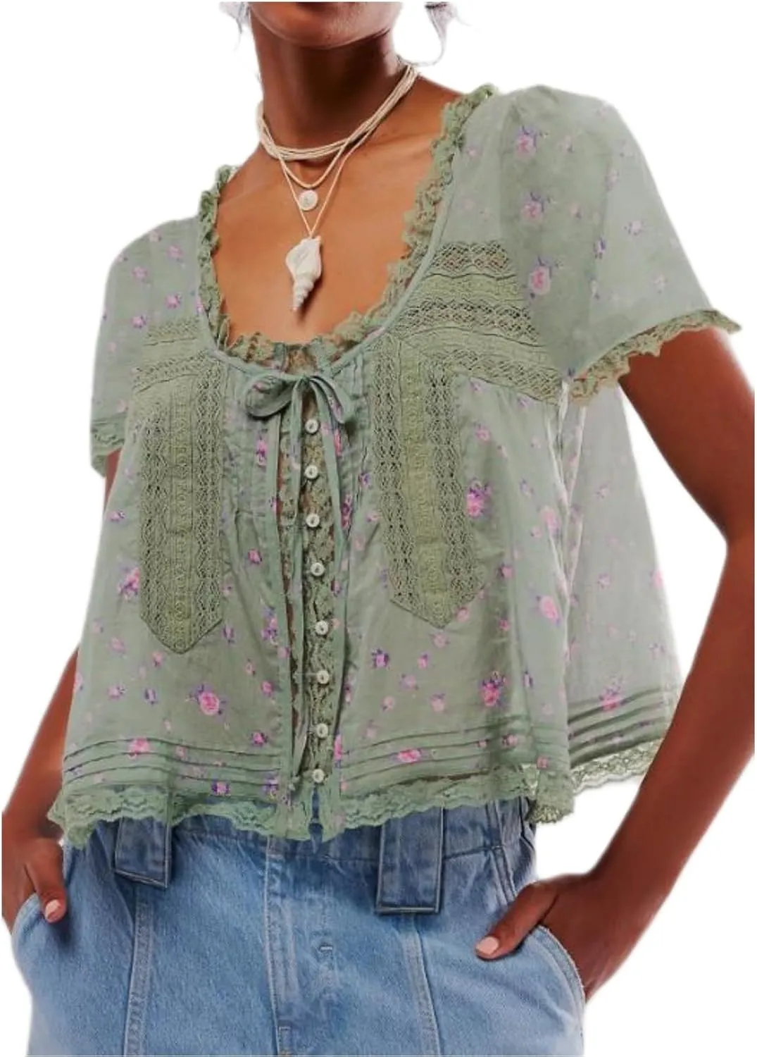 Women Tie Front Lace Trim Top Sheer Short Sleeve Scoop Neck Button Shirt Y2k Ruffle Flowy Boho Crop Tops
