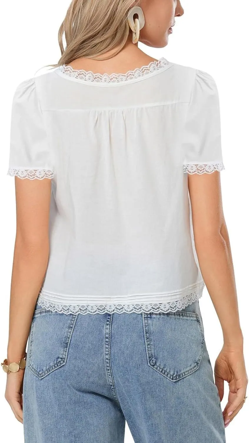 Women Tie Front Lace Trim Top Sheer Short Sleeve Scoop Neck Button Shirt Y2k Ruffle Flowy Boho Crop Tops