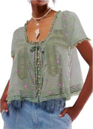 Women Tie Front Lace Trim Top Sheer Short Sleeve Scoop Neck Button Shirt Y2k Ruffle Flowy Boho Crop Tops