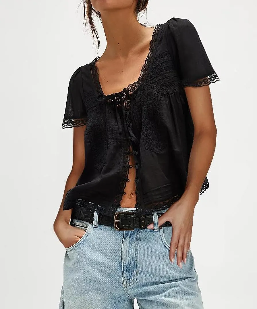 Women Tie Front Lace Trim Top Sheer Short Sleeve Scoop Neck Button Shirt Y2k Ruffle Flowy Boho Crop Tops