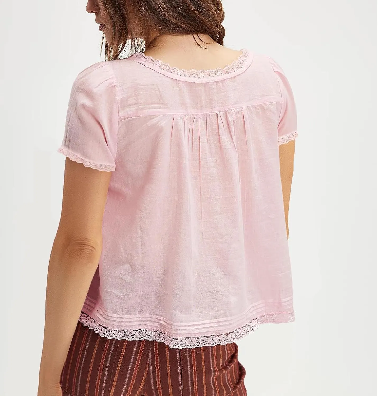 Women Tie Front Lace Trim Top Sheer Short Sleeve Scoop Neck Button Shirt Y2k Ruffle Flowy Boho Crop Tops