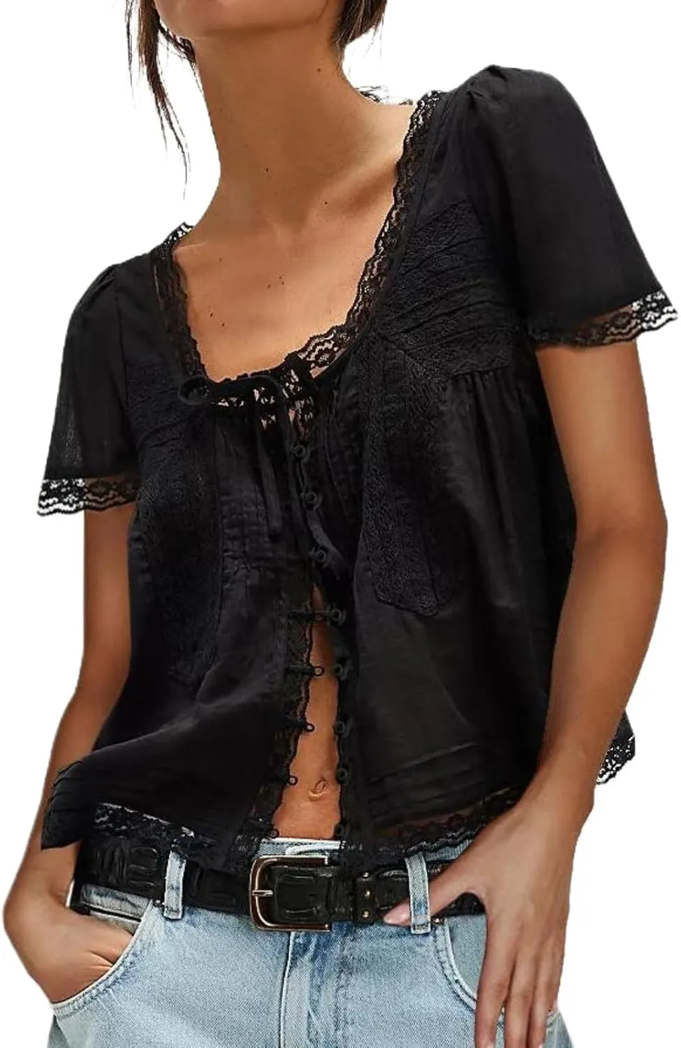 Women Tie Front Lace Trim Top Sheer Short Sleeve Scoop Neck Button Shirt Y2k Ruffle Flowy Boho Crop Tops