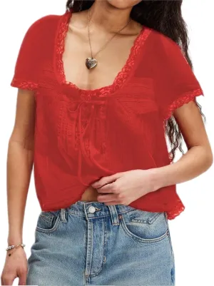 Women Tie Front Lace Trim Top Sheer Short Sleeve Scoop Neck Button Shirt Y2k Ruffle Flowy Boho Crop Tops