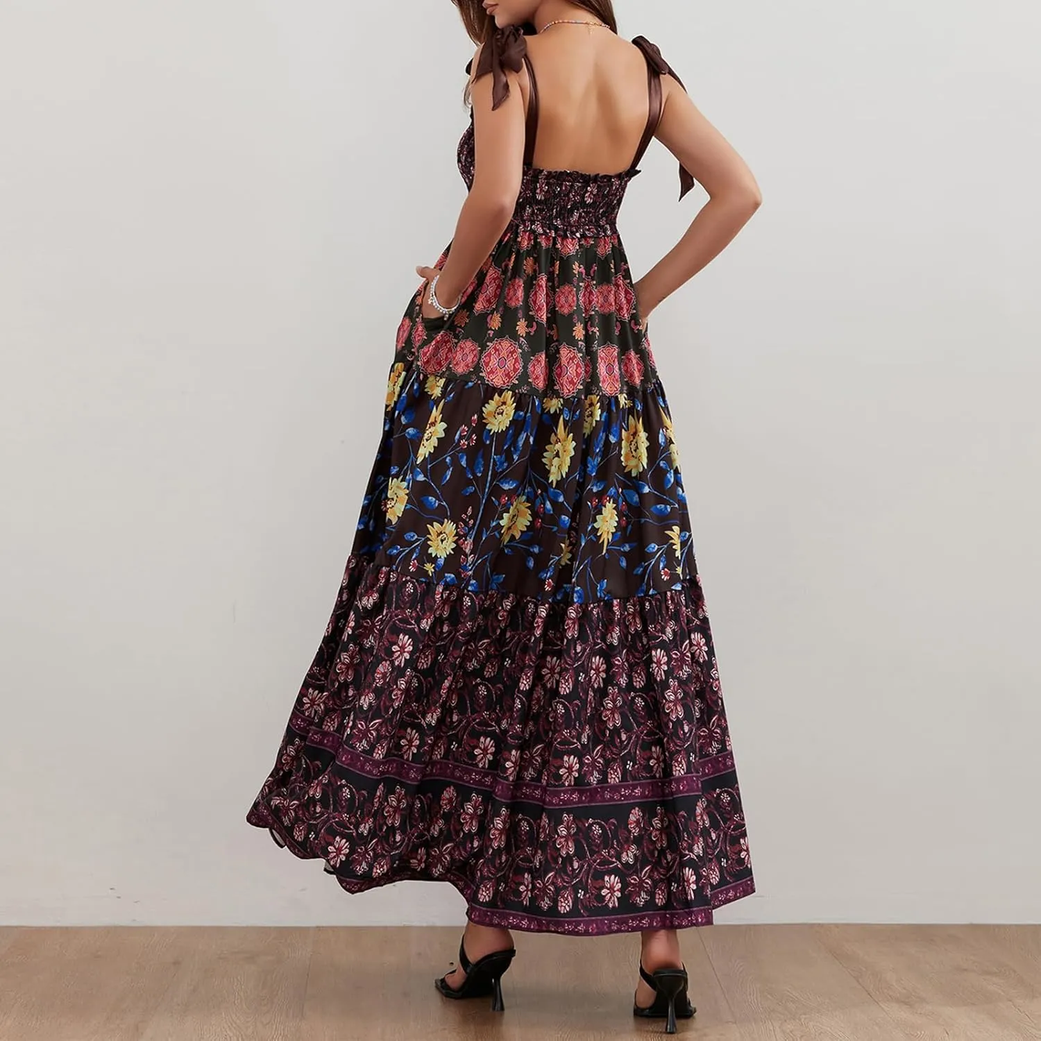 Women Tie Shoulder Maxi Dress Sleeveless Floral Smocked Tiered Ruffle Swing Flowy Dress Y2k Graffiti Long Sundresses