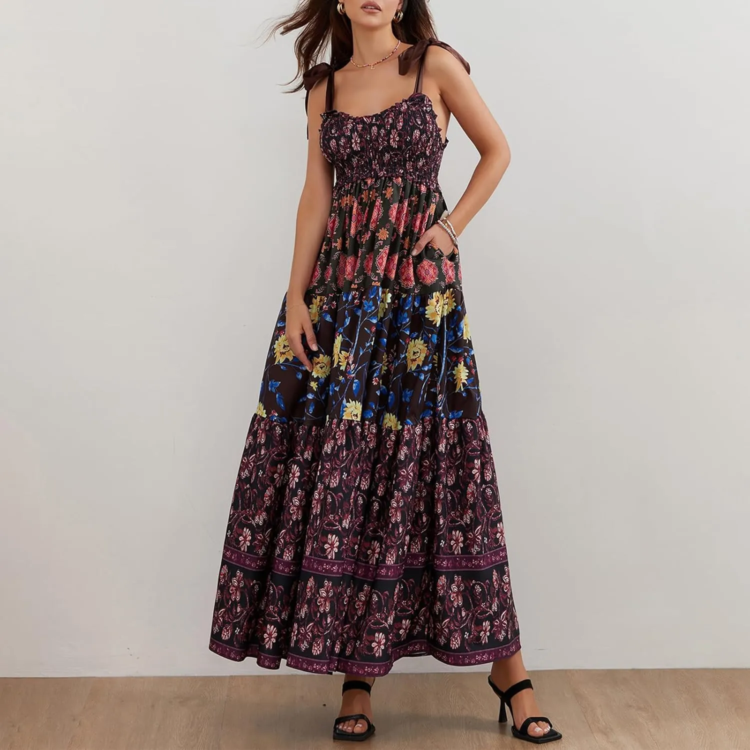 Women Tie Shoulder Maxi Dress Sleeveless Floral Smocked Tiered Ruffle Swing Flowy Dress Y2k Graffiti Long Sundresses