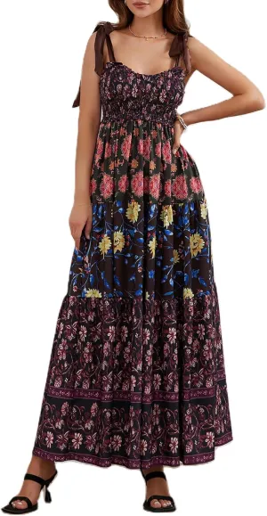 Women Tie Shoulder Maxi Dress Sleeveless Floral Smocked Tiered Ruffle Swing Flowy Dress Y2k Graffiti Long Sundresses