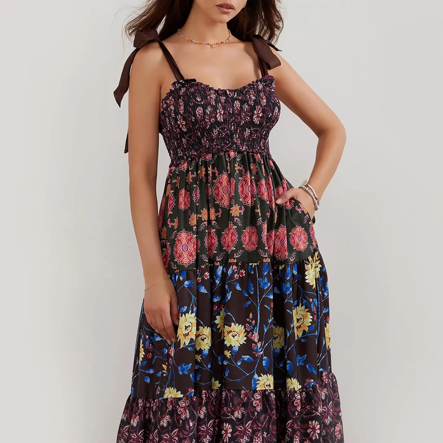 Women Tie Shoulder Maxi Dress Sleeveless Floral Smocked Tiered Ruffle Swing Flowy Dress Y2k Graffiti Long Sundresses