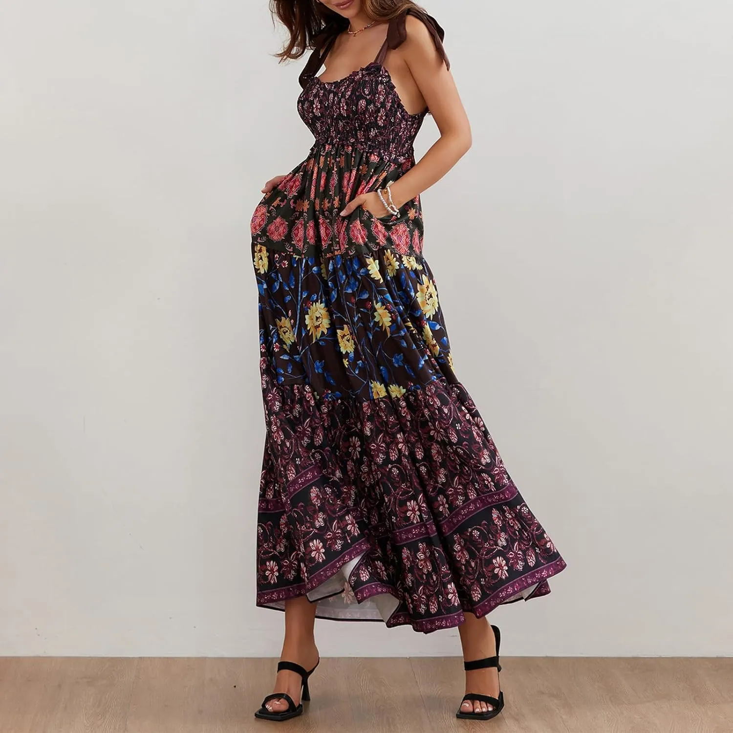 Women Tie Shoulder Maxi Dress Sleeveless Floral Smocked Tiered Ruffle Swing Flowy Dress Y2k Graffiti Long Sundresses