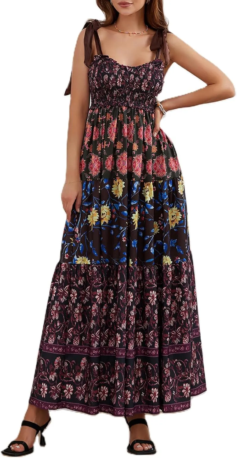 Women Tie Shoulder Maxi Dress Sleeveless Floral Smocked Tiered Ruffle Swing Flowy Dress Y2k Graffiti Long Sundresses