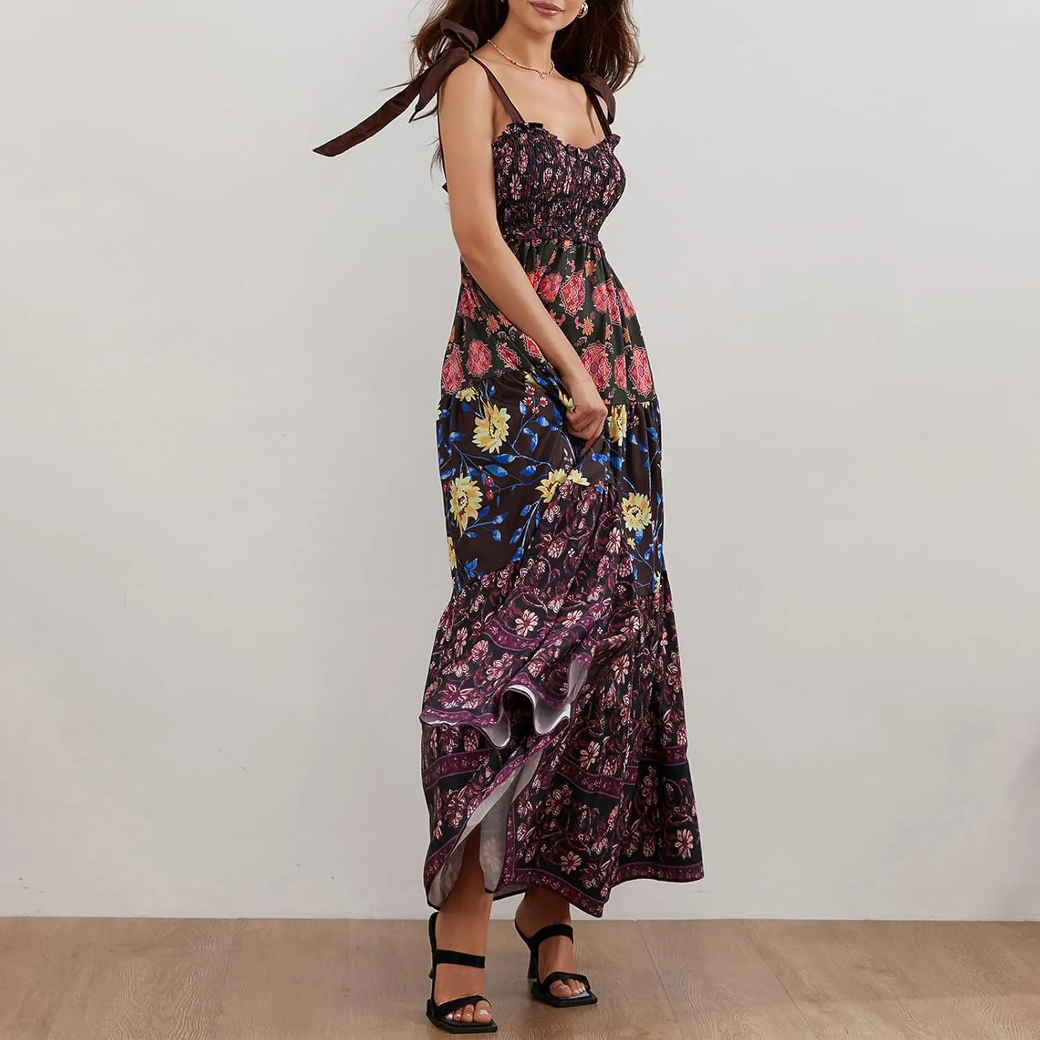 Women Tie Shoulder Maxi Dress Sleeveless Floral Smocked Tiered Ruffle Swing Flowy Dress Y2k Graffiti Long Sundresses