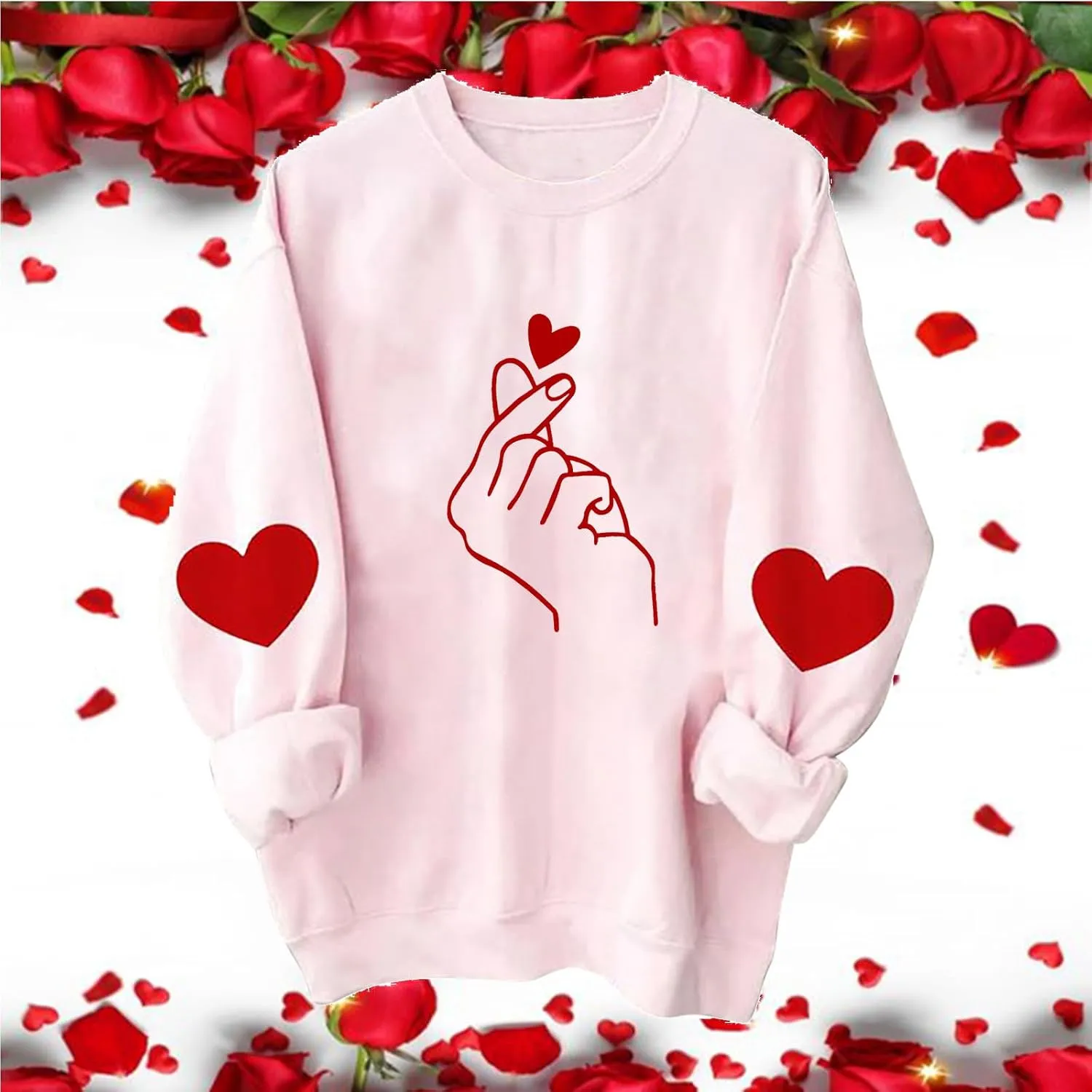 Women Valentine's Day Sweatshirts 2024 Long Sleeve Crewneck Pullover Tops Hand Heart Gesture Graphic Tees Blouses