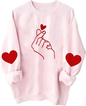 Women Valentine's Day Sweatshirts 2024 Long Sleeve Crewneck Pullover Tops Hand Heart Gesture Graphic Tees Blouses