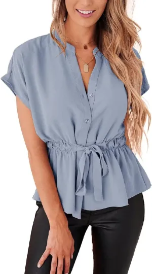 Womens Button Down Blouses Casual Peplum Summer Tops Dressy Chiffon Work Blouse