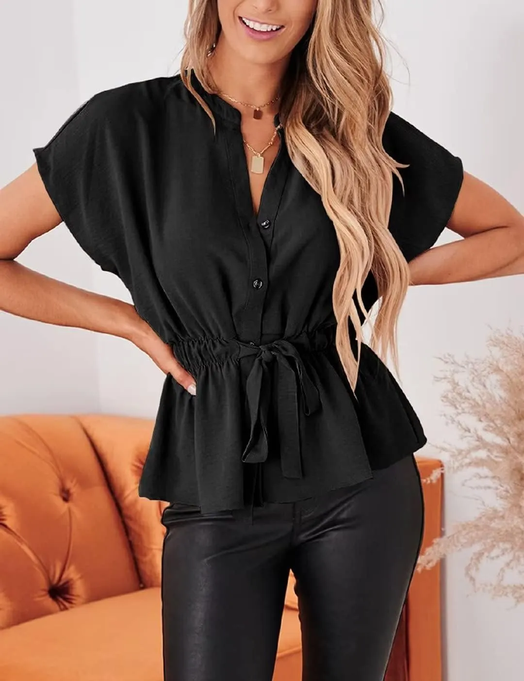 Womens Button Down Blouses Casual Peplum Summer Tops Dressy Chiffon Work Blouse