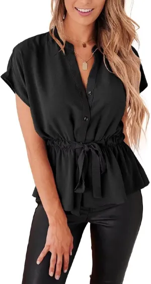 Womens Button Down Blouses Casual Peplum Summer Tops Dressy Chiffon Work Blouse