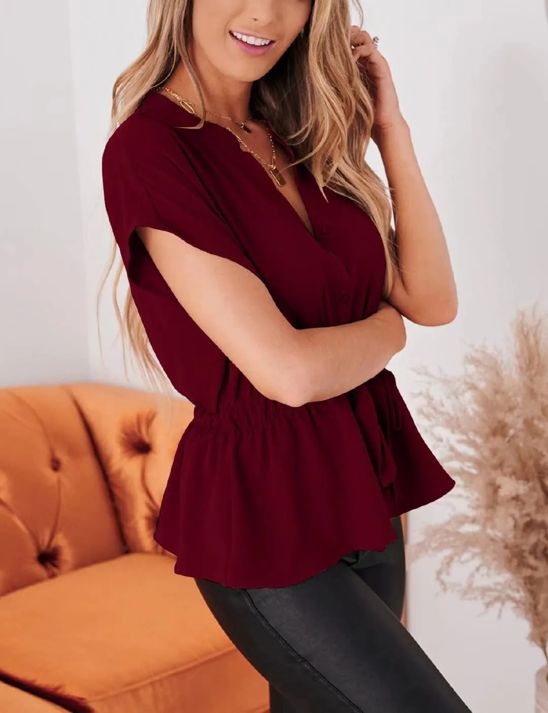 Womens Button Down Blouses Casual Peplum Summer Tops Dressy Chiffon Work Blouse