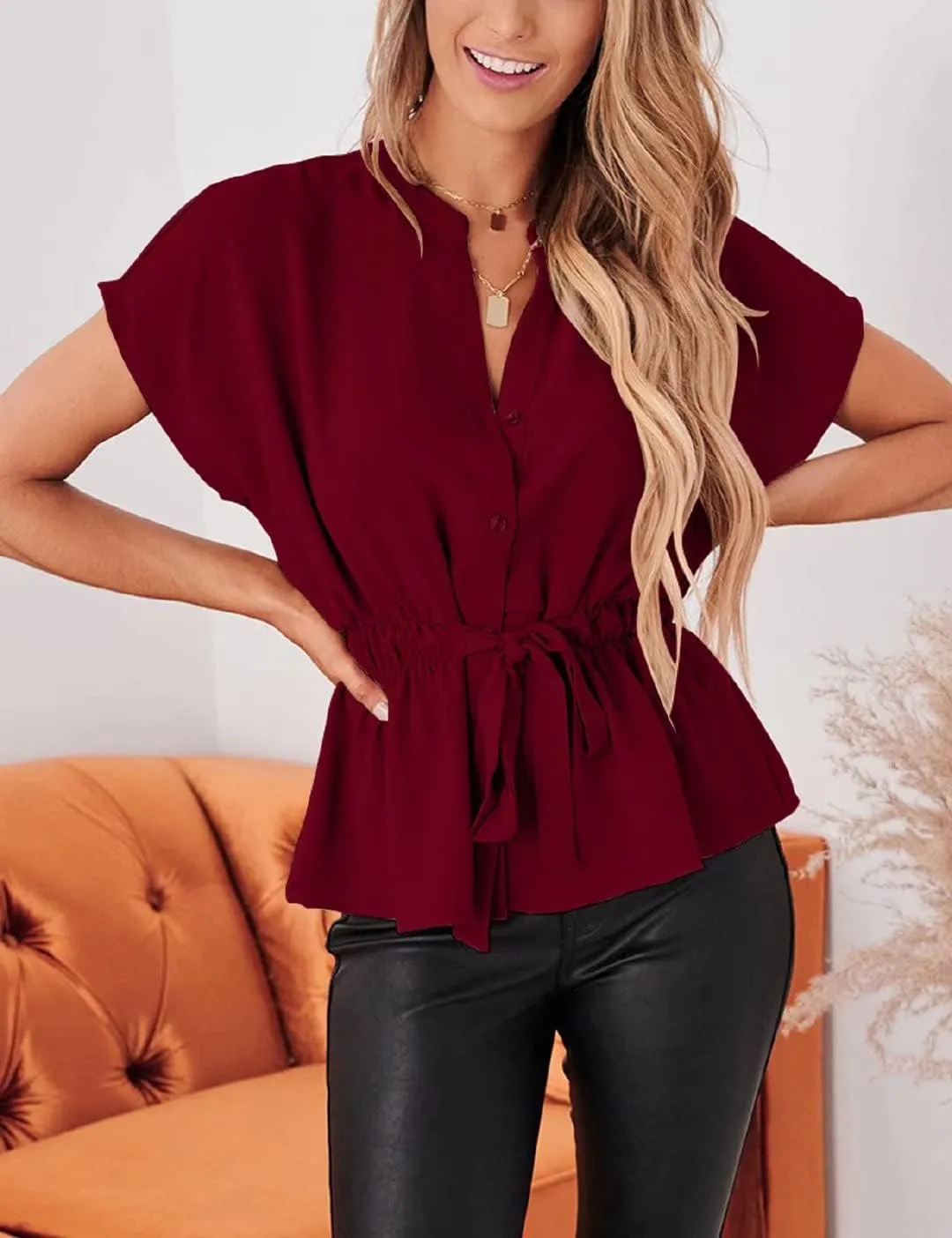 Womens Button Down Blouses Casual Peplum Summer Tops Dressy Chiffon Work Blouse
