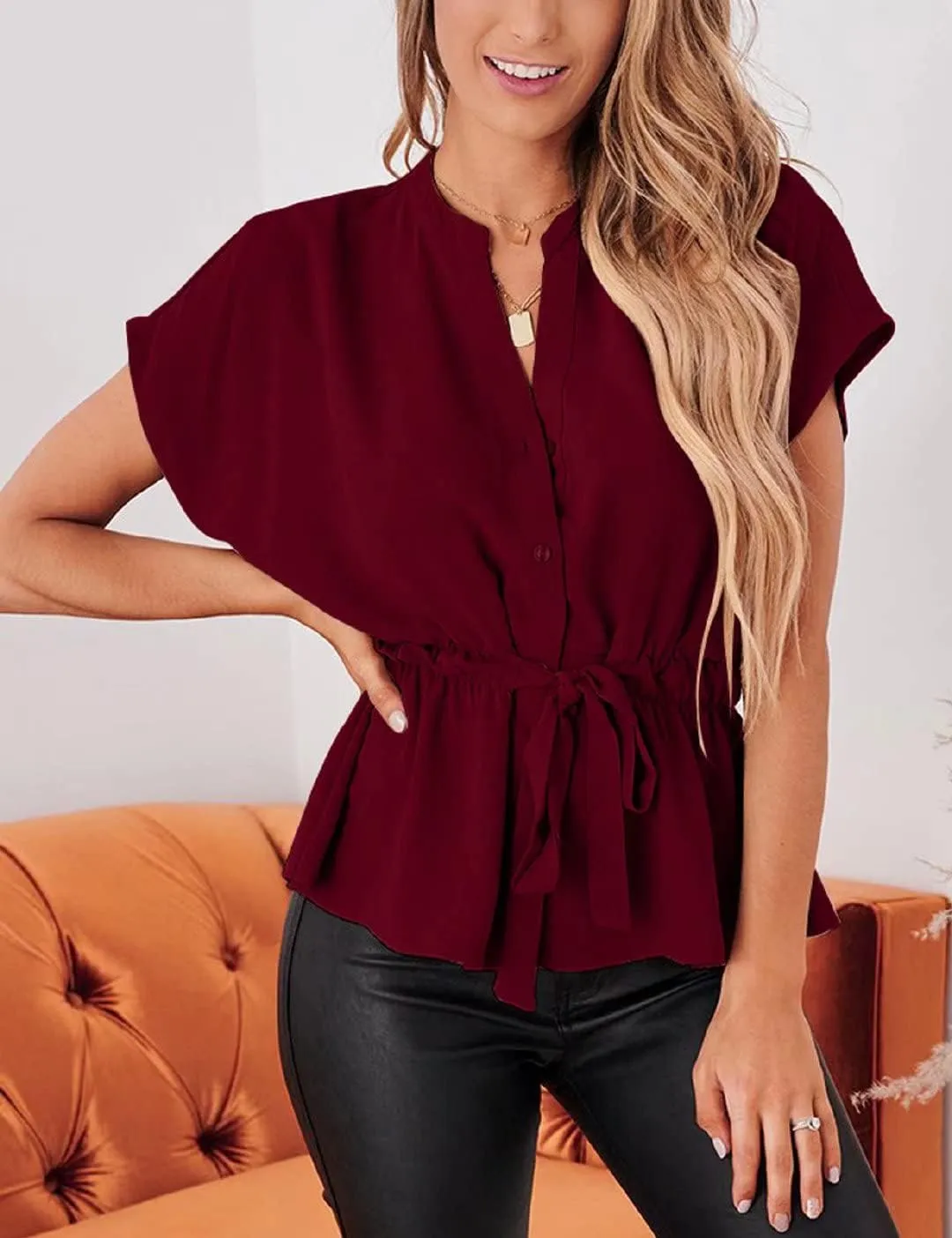 Womens Button Down Blouses Casual Peplum Summer Tops Dressy Chiffon Work Blouse
