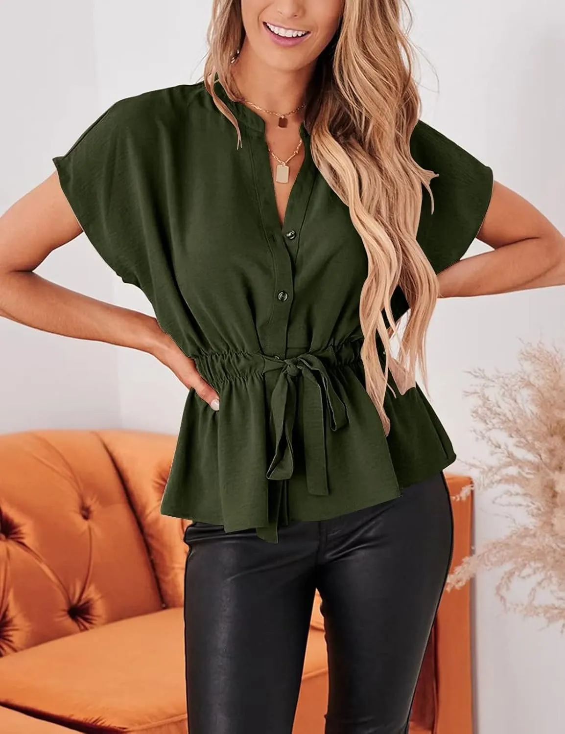 Womens Button Down Blouses Casual Peplum Summer Tops Dressy Chiffon Work Blouse