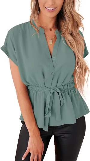 Womens Button Down Blouses Casual Peplum Summer Tops Dressy Chiffon Work Blouse