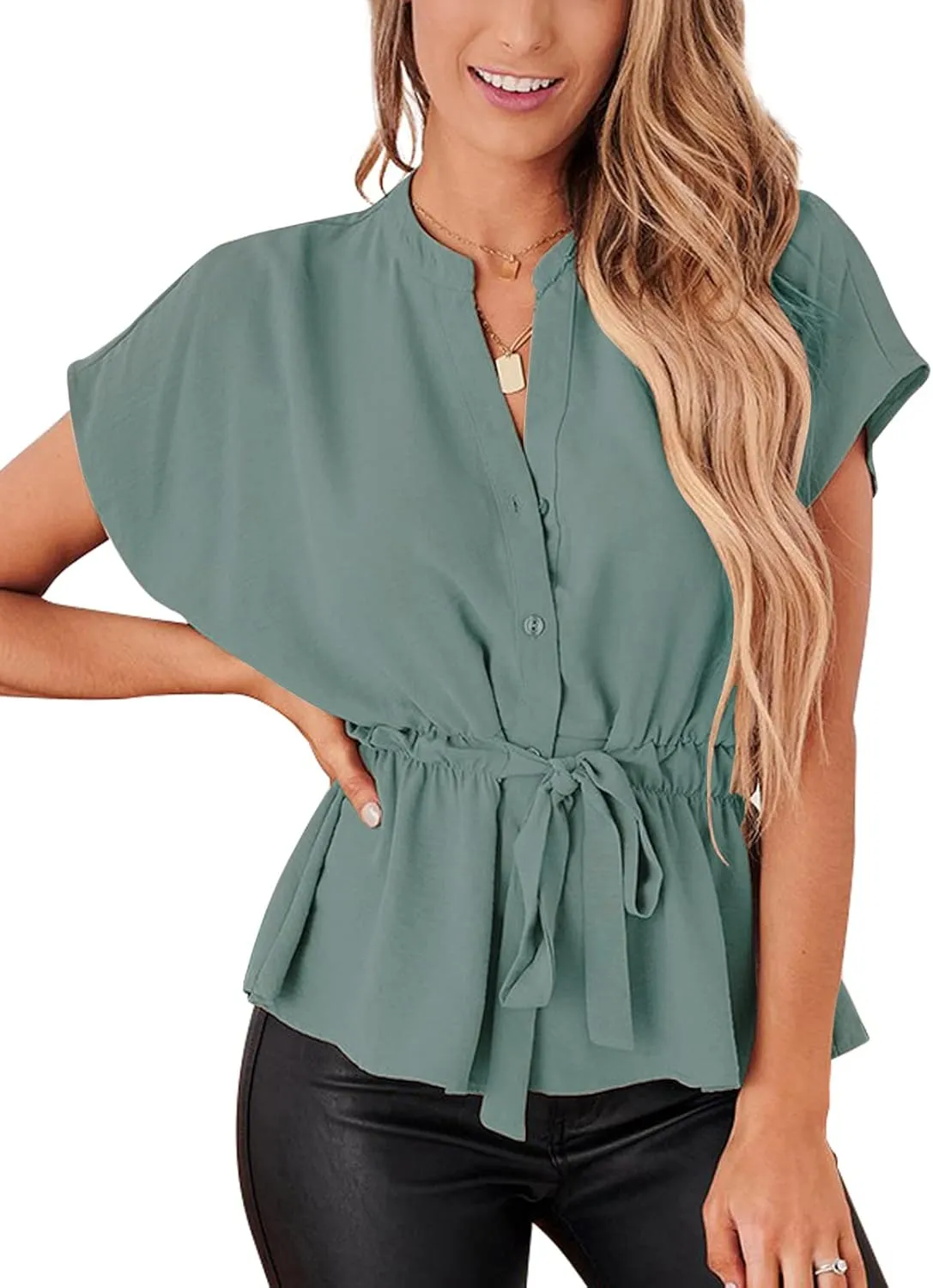 Womens Button Down Blouses Casual Peplum Summer Tops Dressy Chiffon Work Blouse