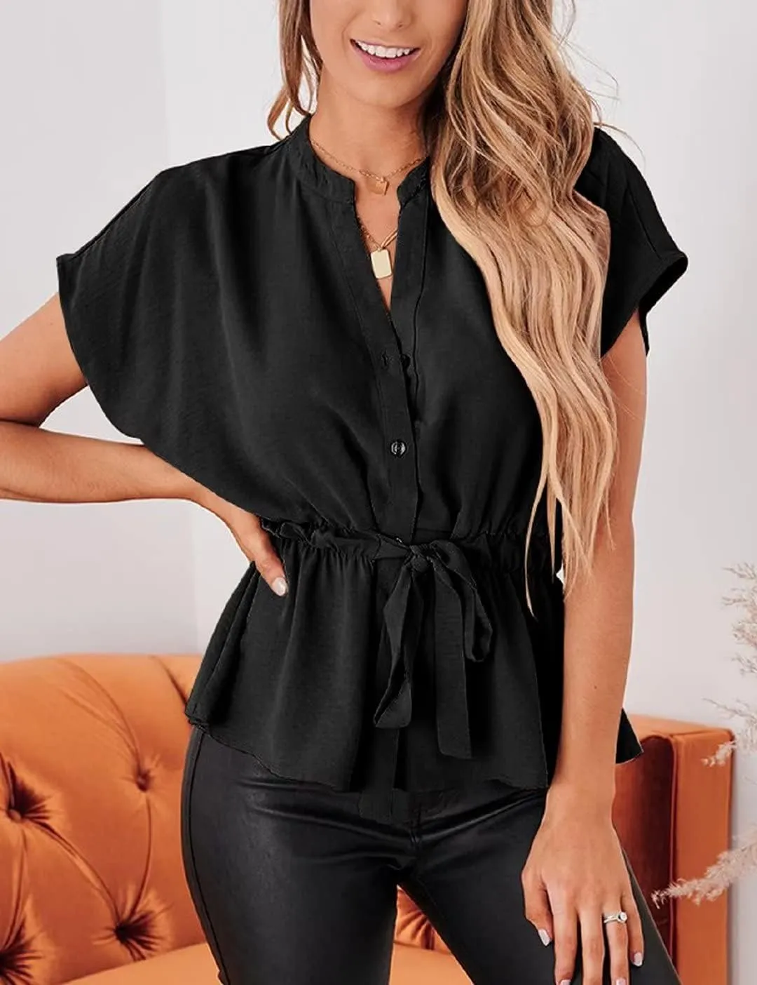 Womens Button Down Blouses Casual Peplum Summer Tops Dressy Chiffon Work Blouse