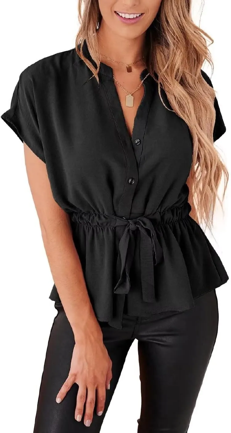 Womens Button Down Blouses Casual Peplum Summer Tops Dressy Chiffon Work Blouse