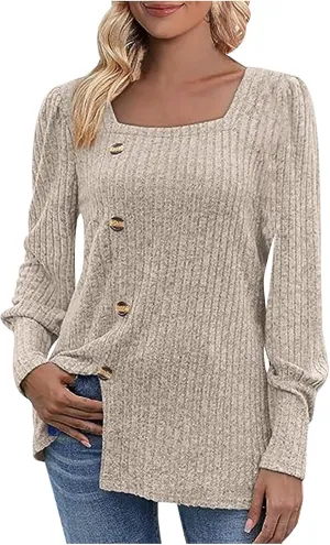 Womens Button Down Knit Tops Long Sleeve Solid Color Basic Tees Square Neck Trendy Fall Clothes Soft Dressy Shirts