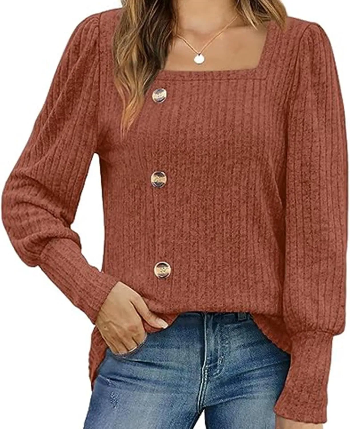Womens Button Down Knit Tops Long Sleeve Solid Color Basic Tees Square Neck Trendy Fall Clothes Soft Dressy Shirts