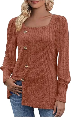 Womens Button Down Knit Tops Long Sleeve Solid Color Basic Tees Square Neck Trendy Fall Clothes Soft Dressy Shirts