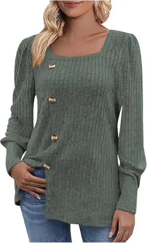 Womens Button Down Knit Tops Long Sleeve Solid Color Basic Tees Square Neck Trendy Fall Clothes Soft Dressy Shirts