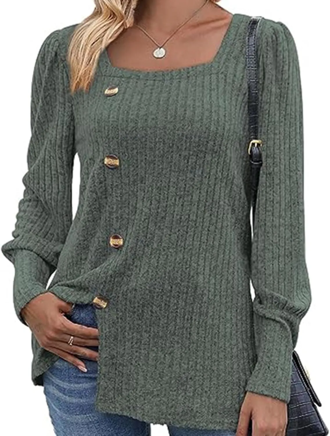 Womens Button Down Knit Tops Long Sleeve Solid Color Basic Tees Square Neck Trendy Fall Clothes Soft Dressy Shirts