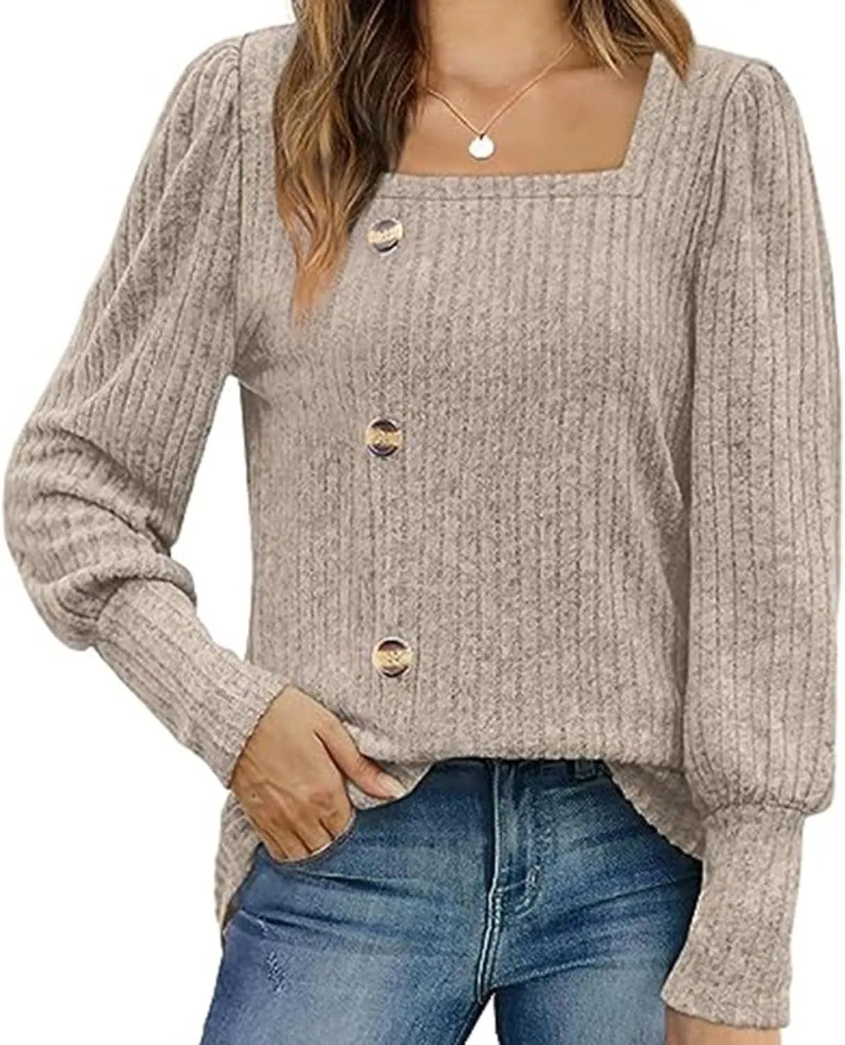 Womens Button Down Knit Tops Long Sleeve Solid Color Basic Tees Square Neck Trendy Fall Clothes Soft Dressy Shirts