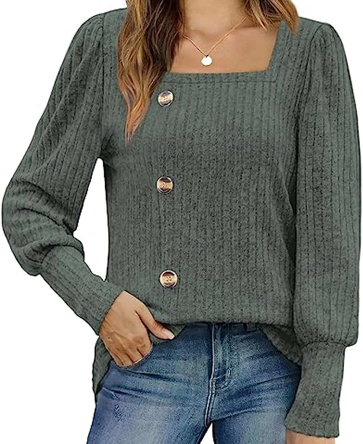 Womens Button Down Knit Tops Long Sleeve Solid Color Basic Tees Square Neck Trendy Fall Clothes Soft Dressy Shirts