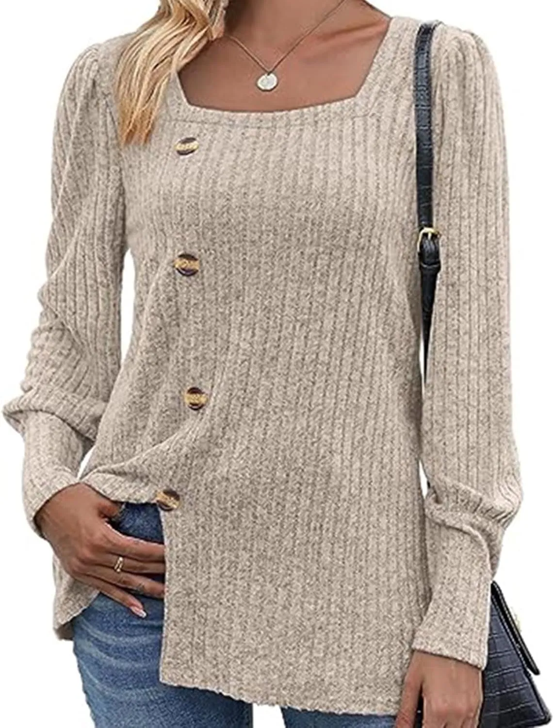 Womens Button Down Knit Tops Long Sleeve Solid Color Basic Tees Square Neck Trendy Fall Clothes Soft Dressy Shirts