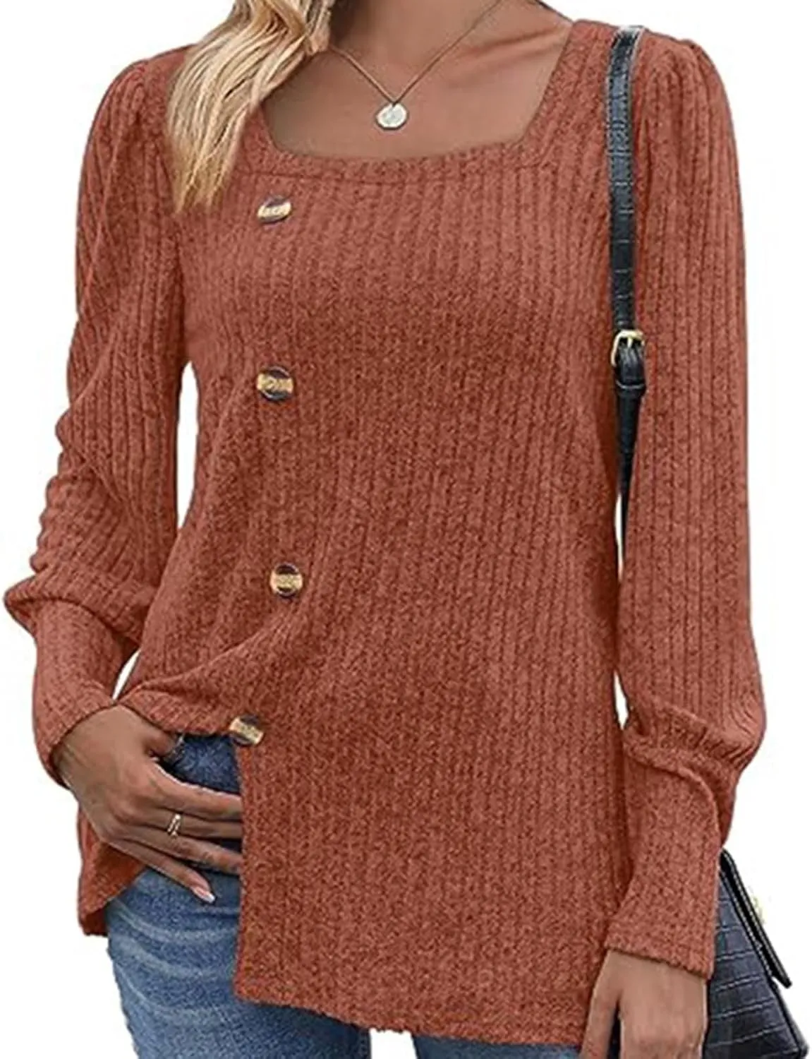 Womens Button Down Knit Tops Long Sleeve Solid Color Basic Tees Square Neck Trendy Fall Clothes Soft Dressy Shirts