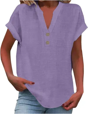 Womens Button Down Linen Shirts Short Sleeve V Neck Dressy Casual Business Work Blouses Loose Fit Summer Tunic Tops