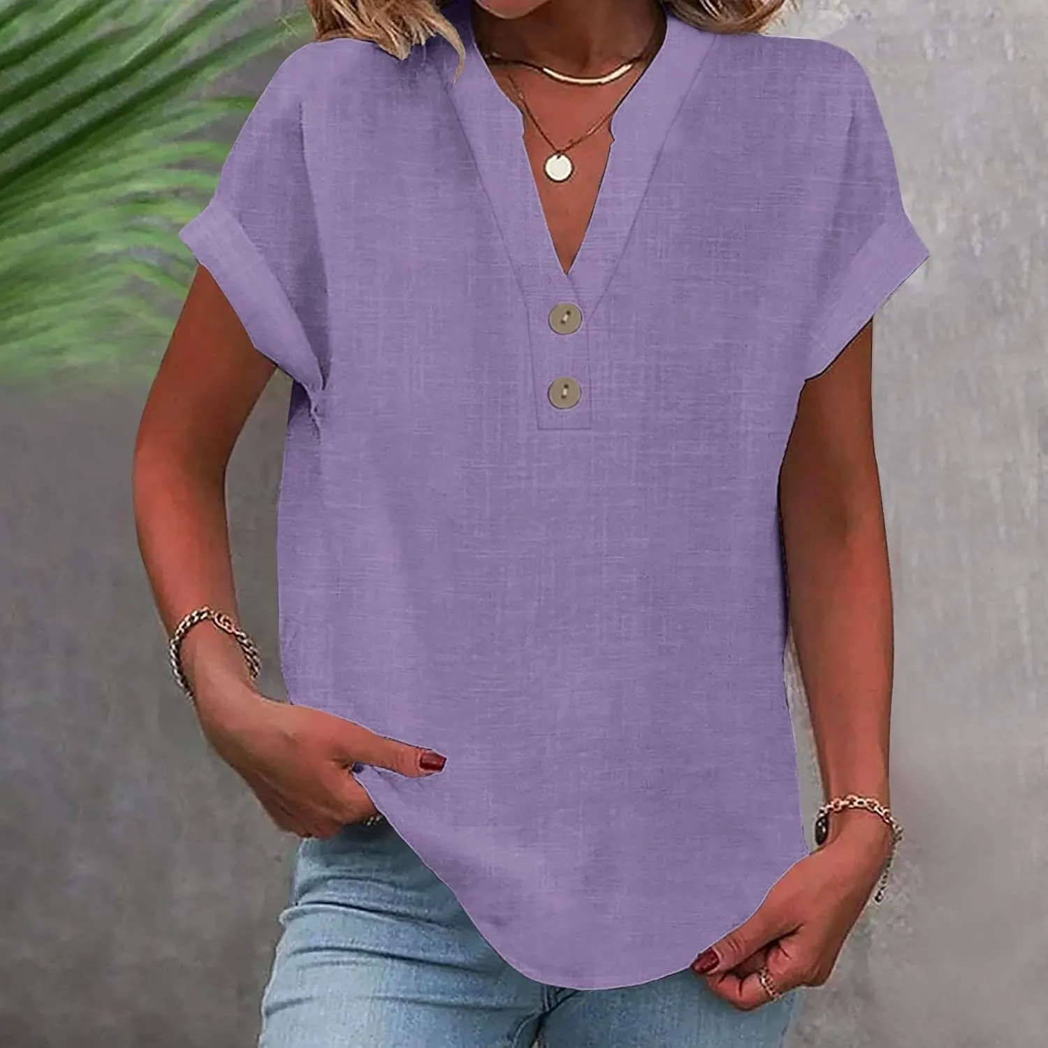 Womens Button Down Linen Shirts Short Sleeve V Neck Dressy Casual Business Work Blouses Loose Fit Summer Tunic Tops
