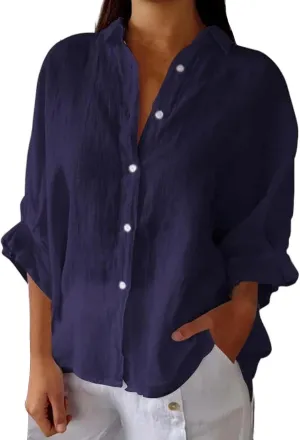Womens Button Down V Neck Shirts 3/4 Sleeve Chiffon Casual Blouse Loose Fit Collared Linen Work Oversized Blouse